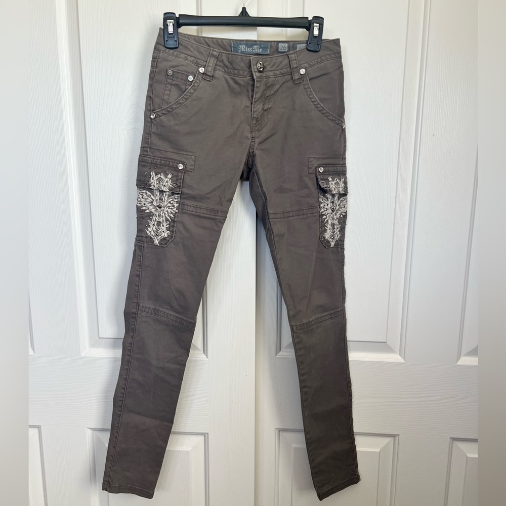Miss Me -Women skinny cargo pants, beautifully designed and embellished buttons.
